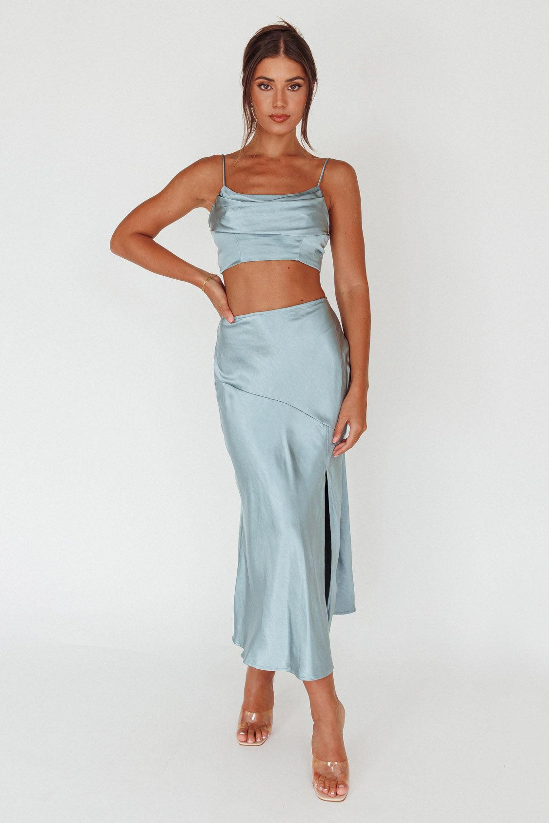 Well Versed Split Midi Skirt Sage by Selfie Leslie Australia