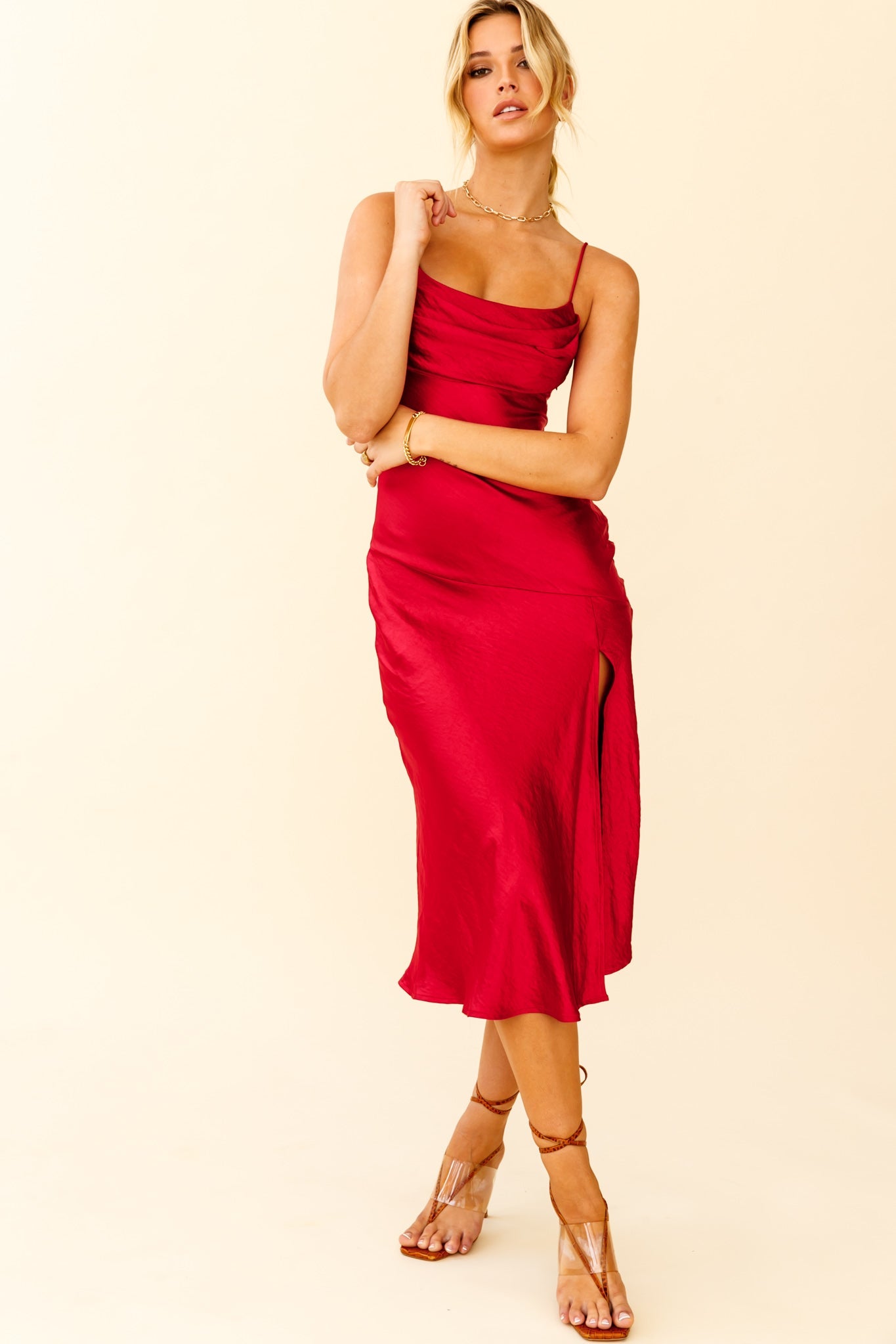 Well Versed Pleated Bust Front Split Dress Wine by Selfie Leslie