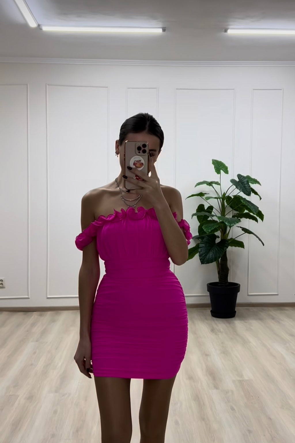 Senorita Off-Shoulder Lettuce Edge Detail Ruched Mini Dress Hot Pink by Selfie Leslie Australia