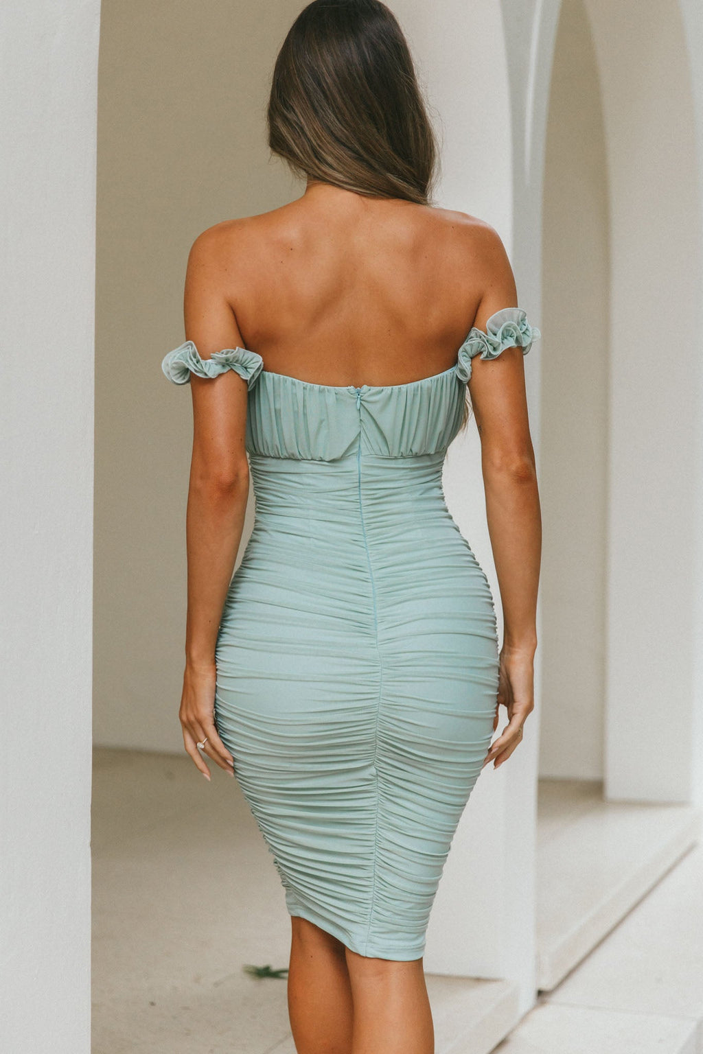 Senorita Off-Shoulder Lettuce Edge Detail Ruched Knee Length Dress Pistachio by Selfie Leslie