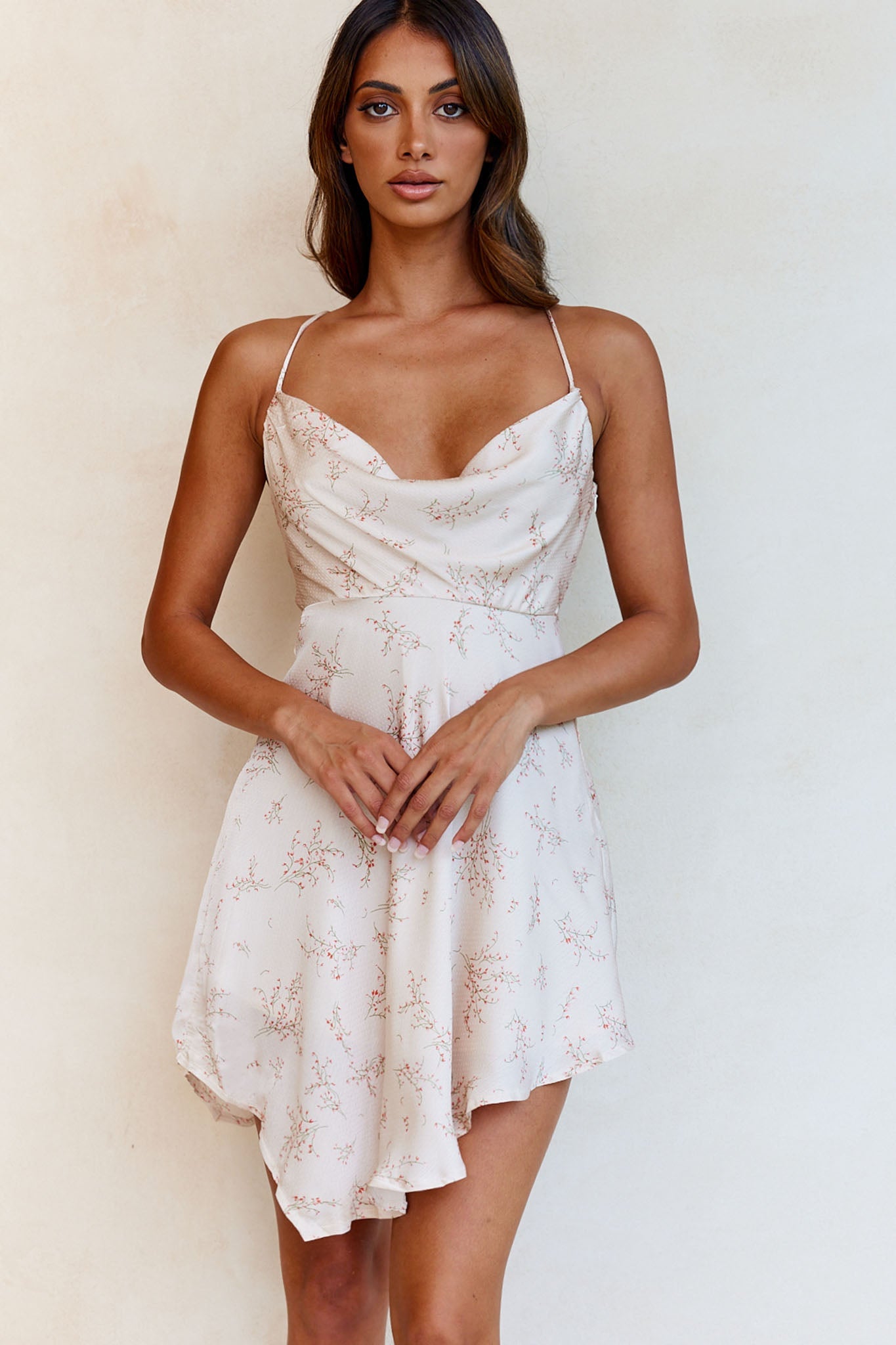 Angel Eyes Cowl Neck Asymmetrical Hem Mini Dress Floral Print Champagne by Selfie Leslie