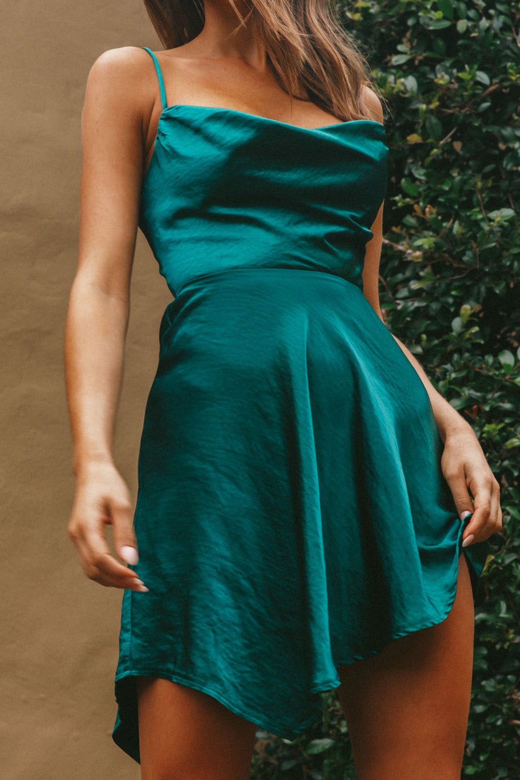 Angel Eyes Cowl Neck Asymmetrical Hem Mini Dress Forest Green by Selfie Leslie