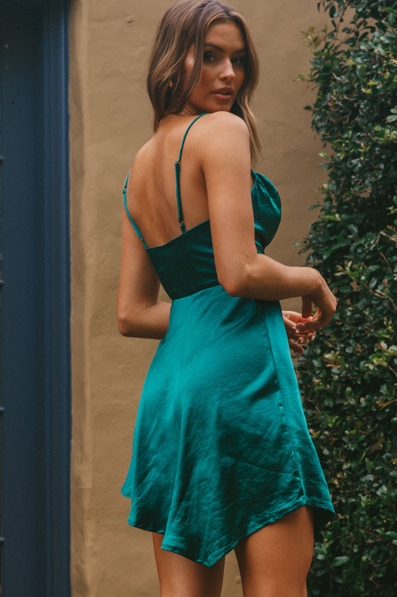 Angel Eyes Cowl Neck Asymmetrical Hem Mini Dress Forest Green by Selfie Leslie