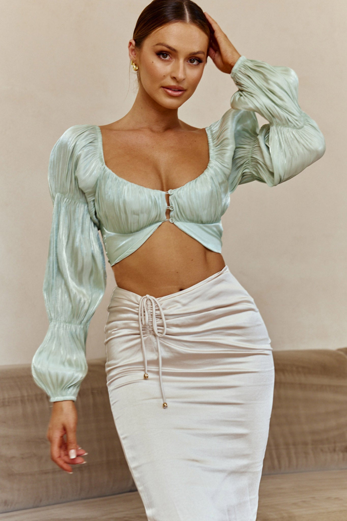 Alira Three-Button Ruched Bust Crop Top Pistachio by Selfie Leslie