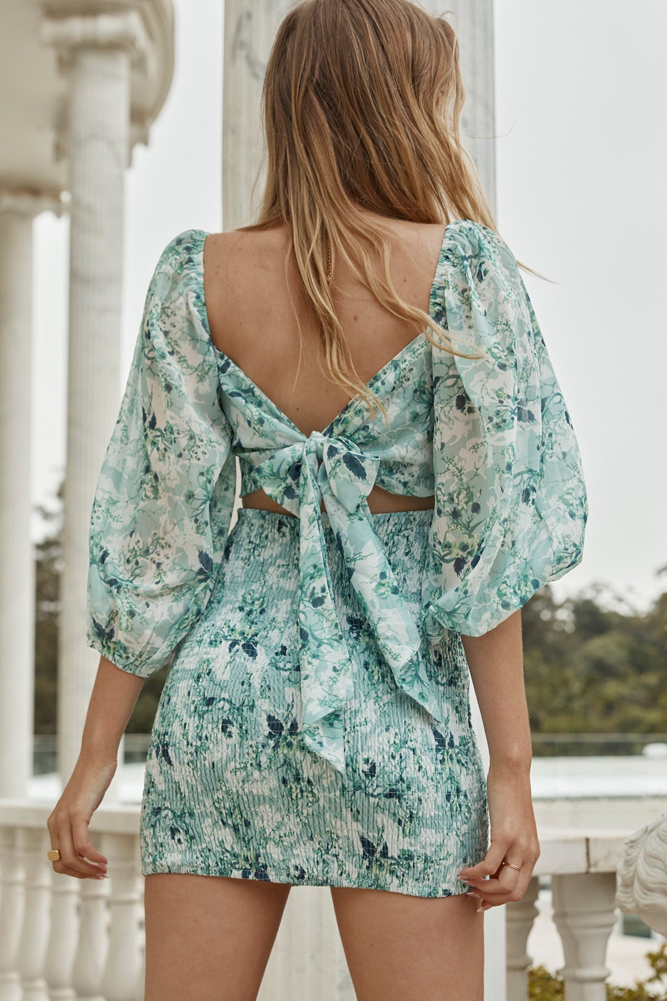 Joie Puff Sleeve Shirred Dress Floral Print Green by Selfie Leslie