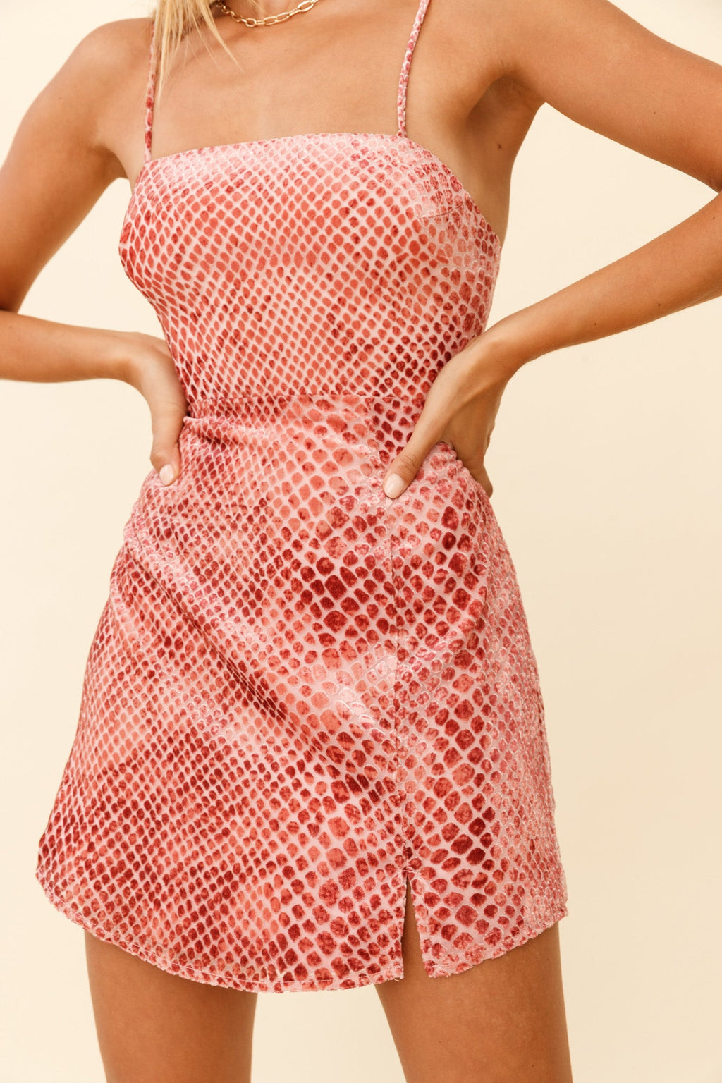 Atlanta Square Neckline Velour Dress Snakeskin Print Rust by Selfie Leslie