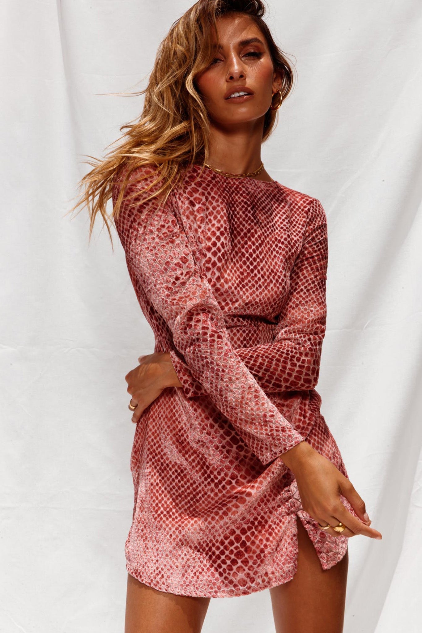 Demure Long Sleeve Open Back Dress Snake Skin Pattern Rose by Selfie Leslie