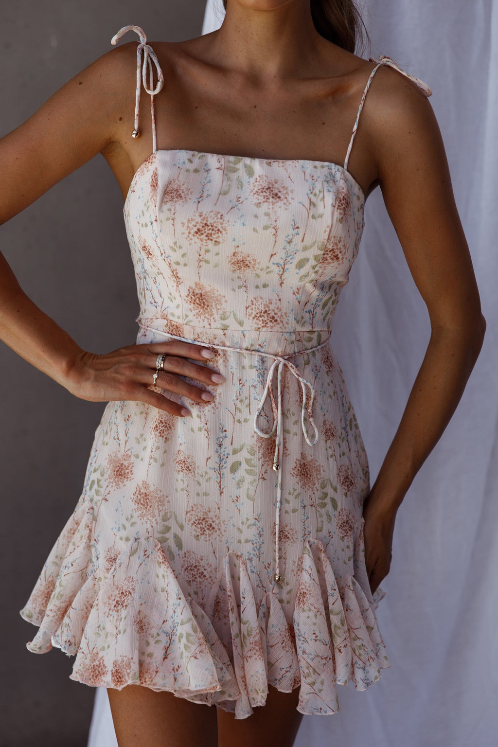 Charliza String Tie Godet Hem Dress Floral Peach by Selfie Leslie