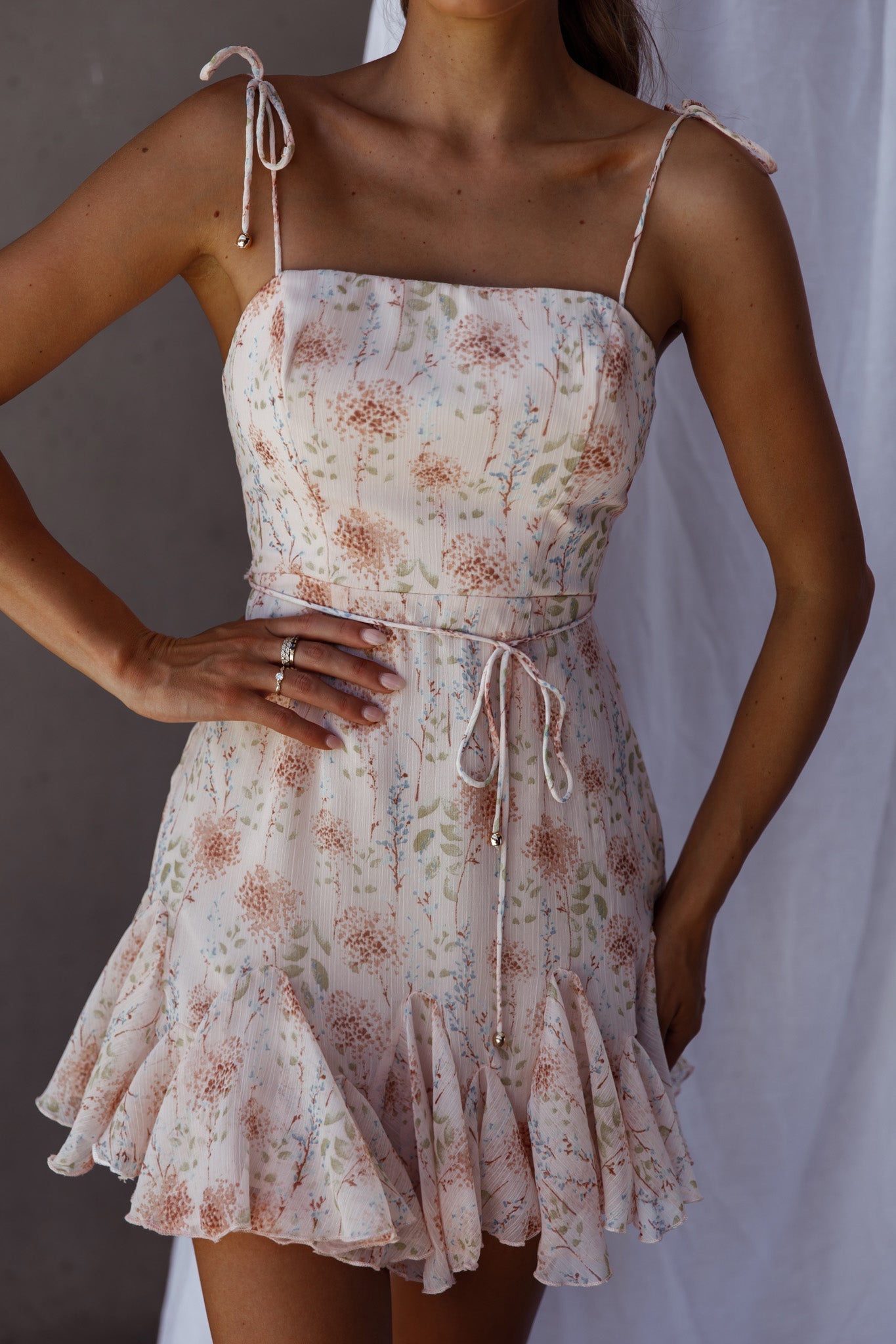 Charliza String Tie Godet Hem Dress Floral Peach by Selfie Leslie