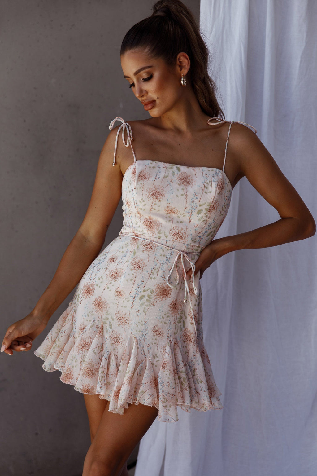 Charliza String Tie Godet Hem Dress Floral Peach by Selfie Leslie