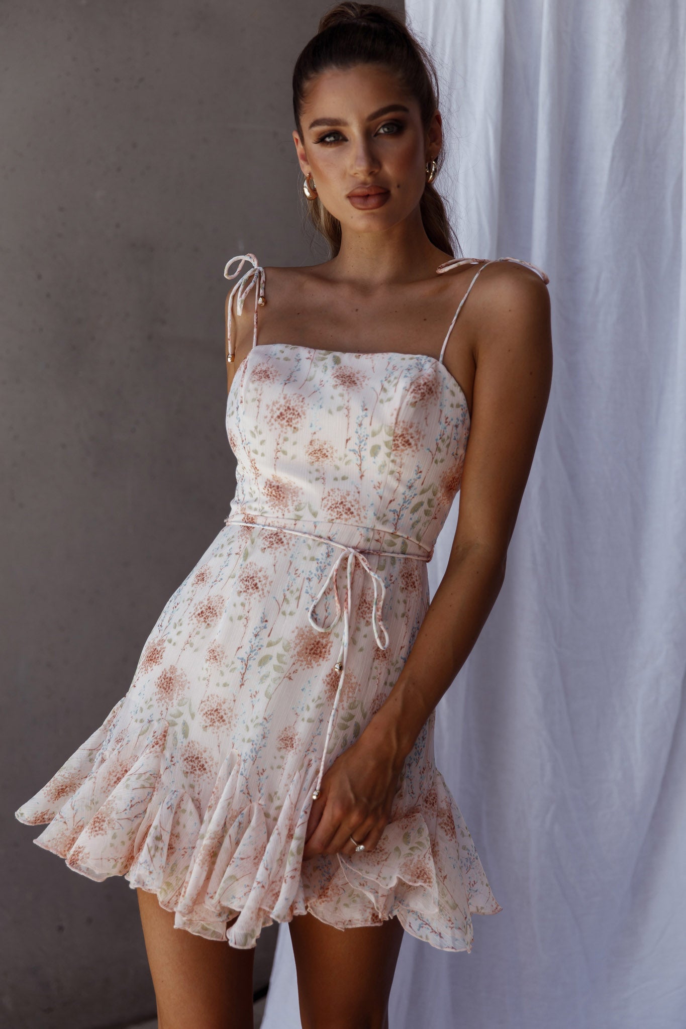 Charliza String Tie Godet Hem Dress Floral Peach by Selfie Leslie