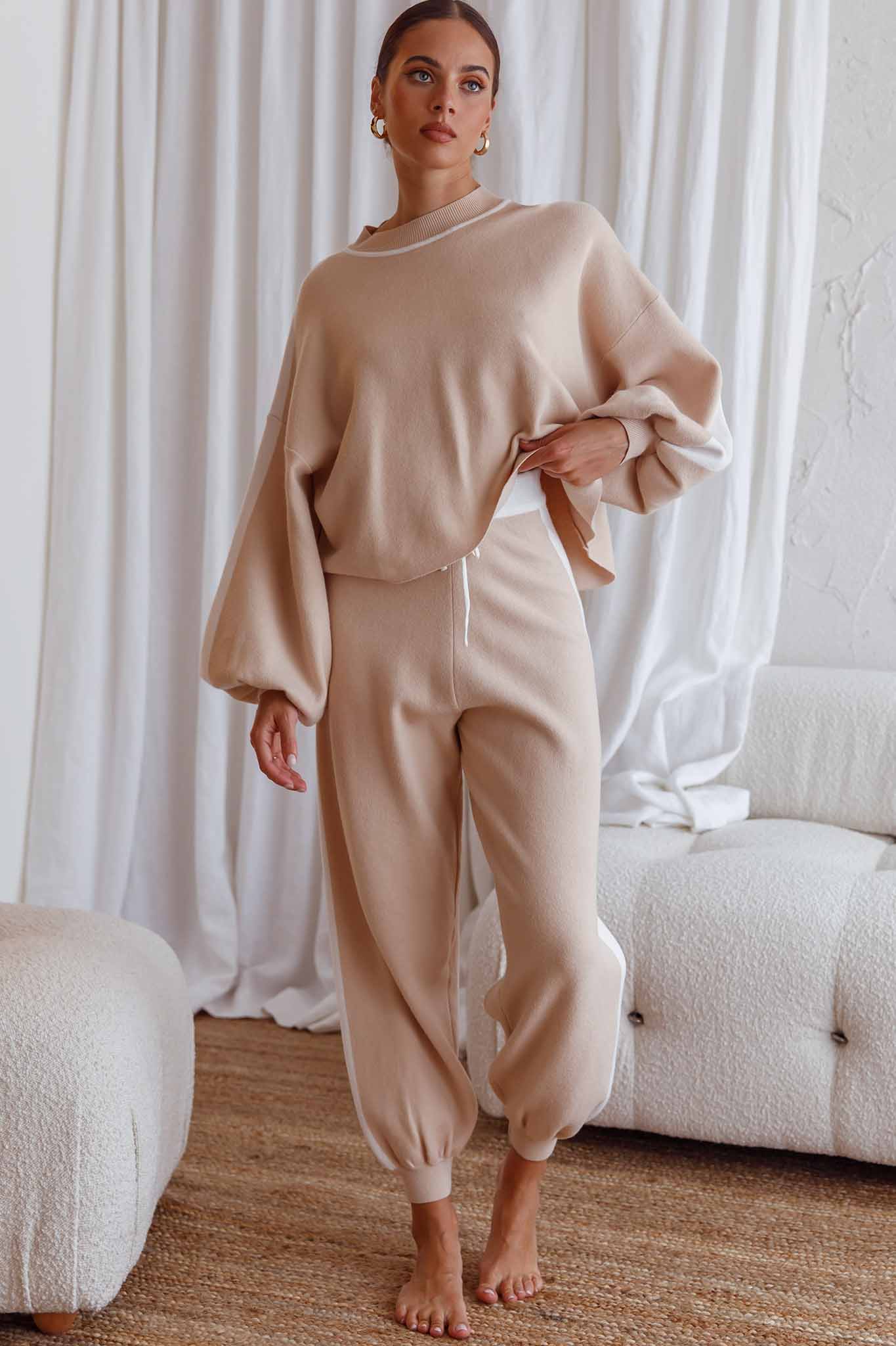 Take Me Back Balloon Sleeve Drop Shoulder Brushed Knit Sweater Beige by Selfie Leslie