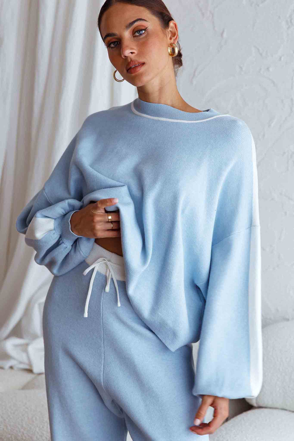 Take Me Back Balloon Sleeve Drop Shoulder Brushed Knit Sweater Blue by Selfie Leslie