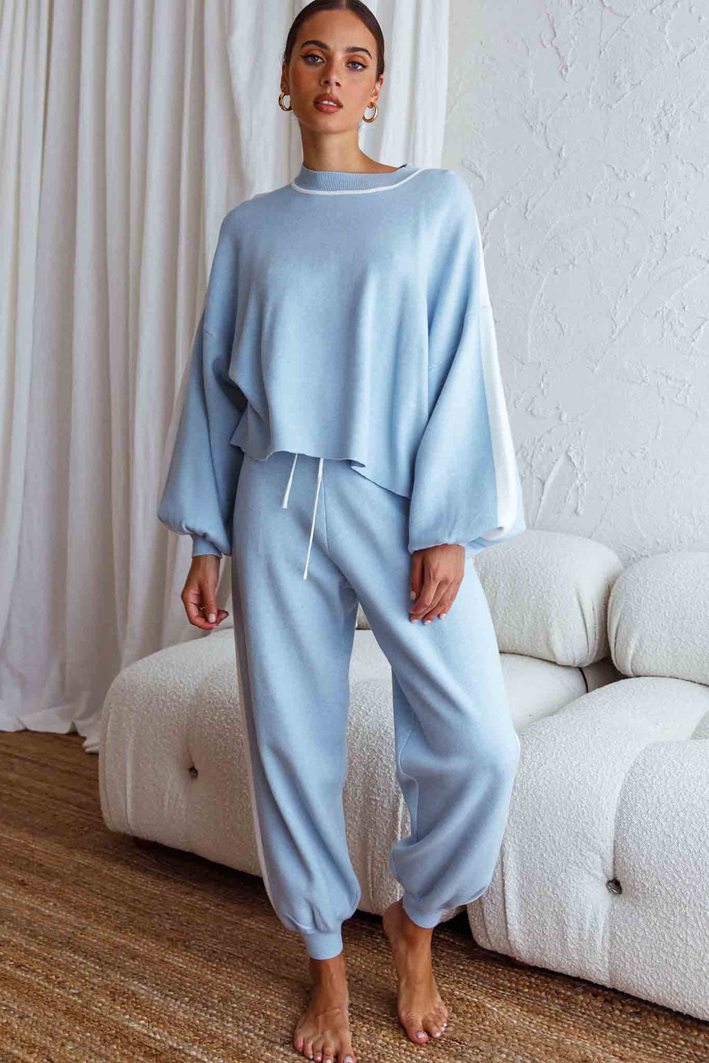 Take Me Back Balloon Sleeve Drop Shoulder Brushed Knit Sweater Blue by Selfie Leslie
