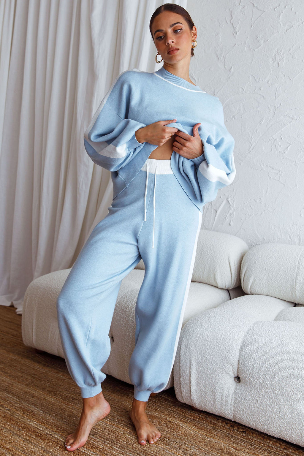 Take Me Back Balloon Sleeve Drop Shoulder Brushed Knit Sweater Blue by Selfie Leslie
