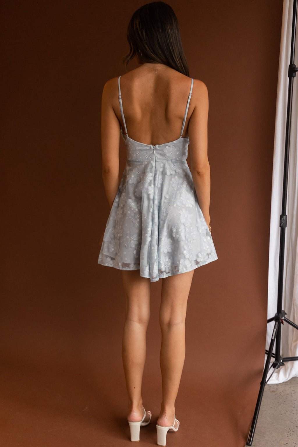 Marbella Floral Embroidered Mesh Scoop Neck Mini Dress Steel Blue by Selfie Leslie