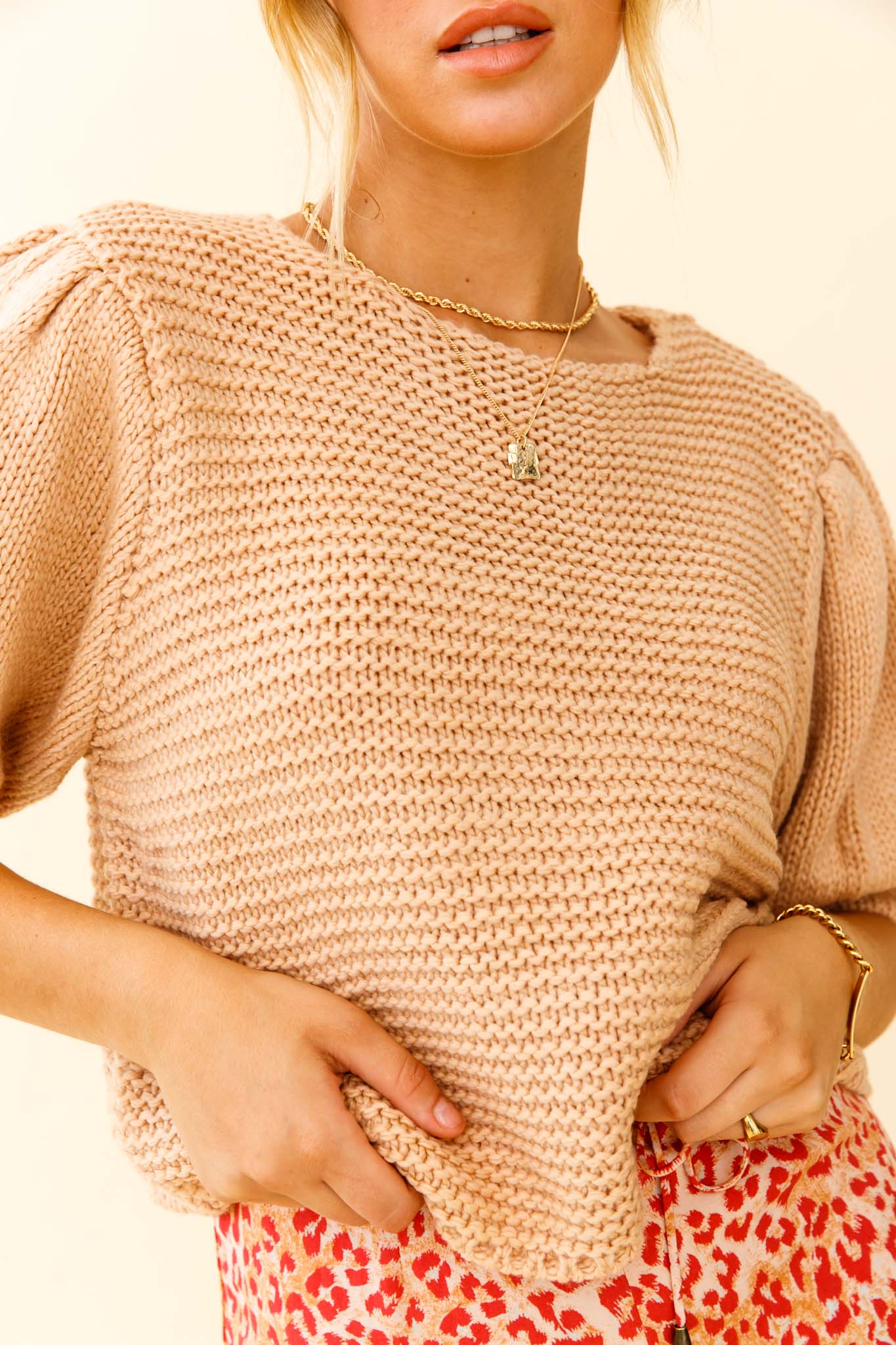 Marla Puff Sleeve Chunky Knit Top Beige by Selfie Leslie