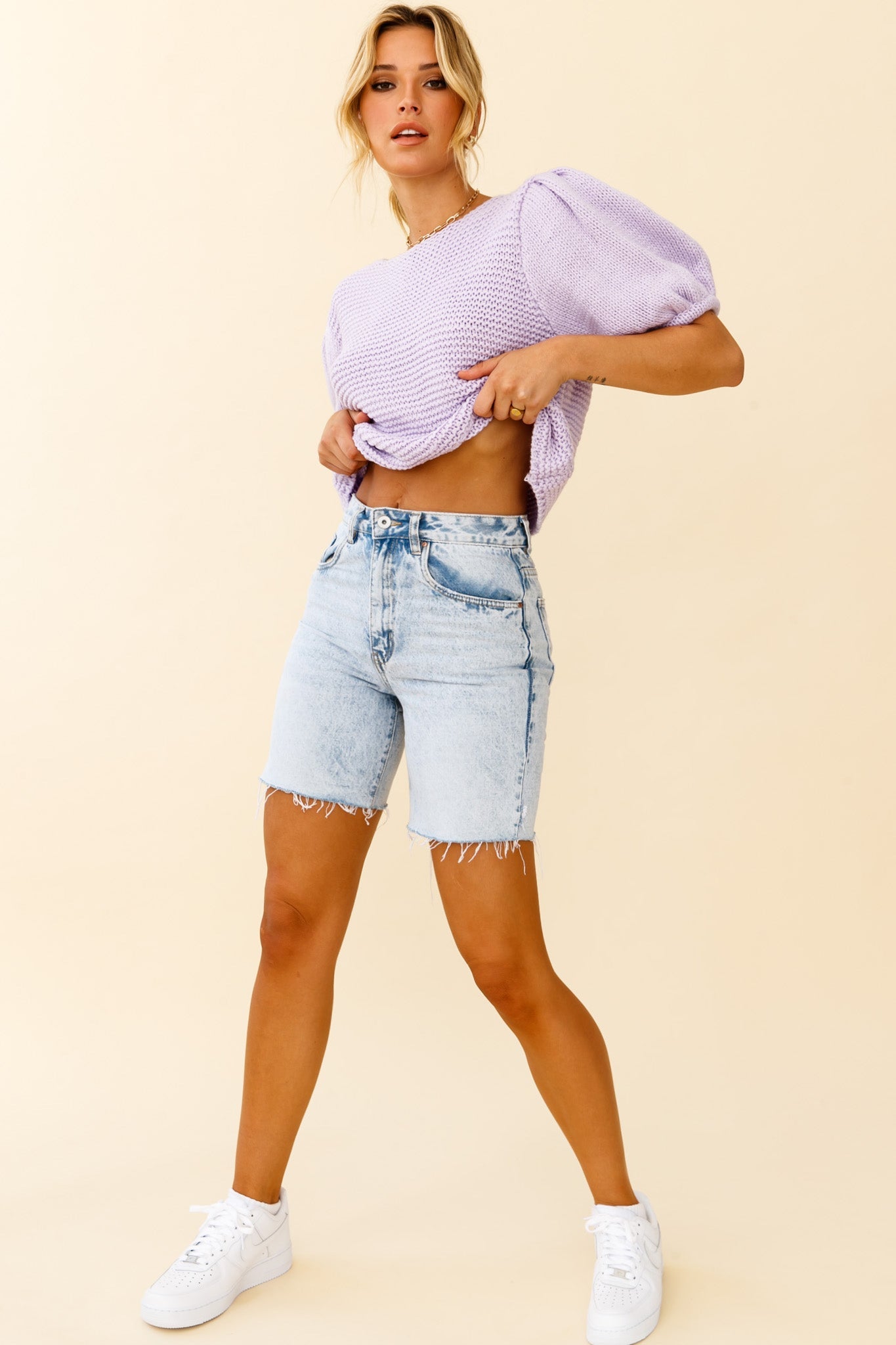Marla Puff Sleeve Chunky Knit Top Lilac by Selfie Leslie
