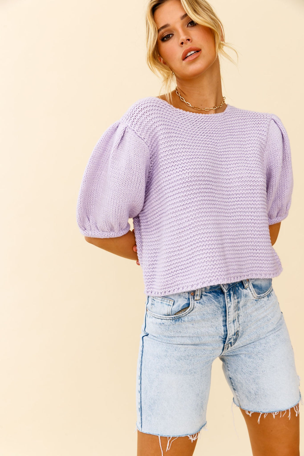 Marla Puff Sleeve Chunky Knit Top Lilac by Selfie Leslie
