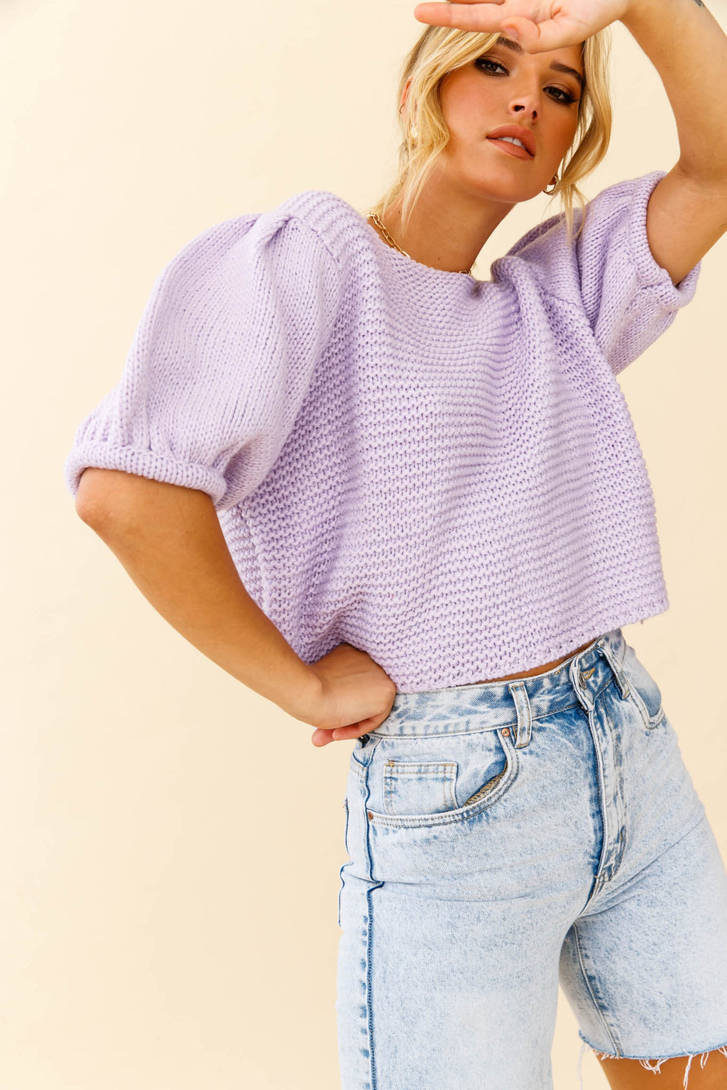 Marla Puff Sleeve Chunky Knit Top Lilac by Selfie Leslie