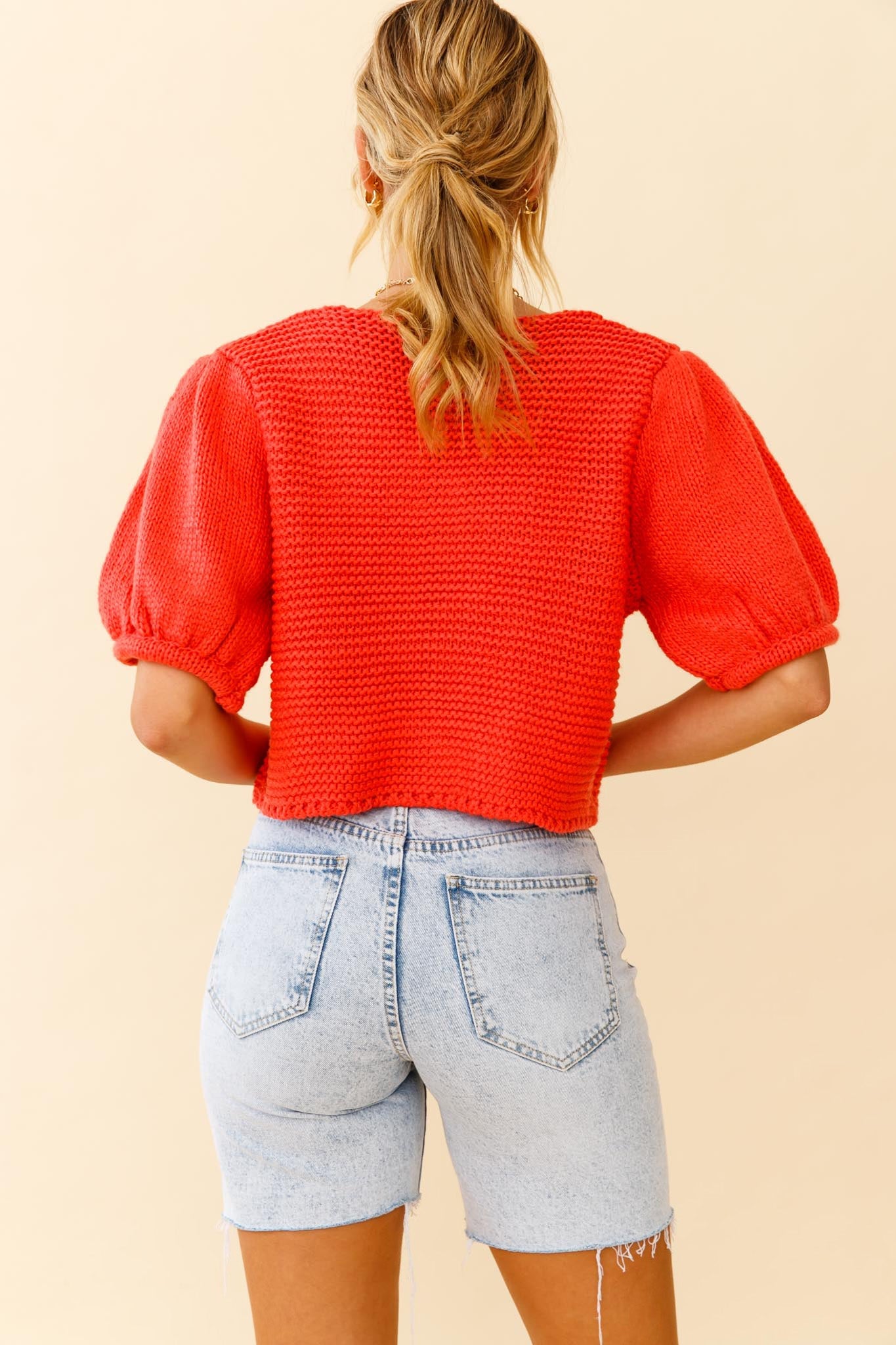 Marla Puff Sleeve Chunky Knit Top Watermelon by Selfie Leslie
