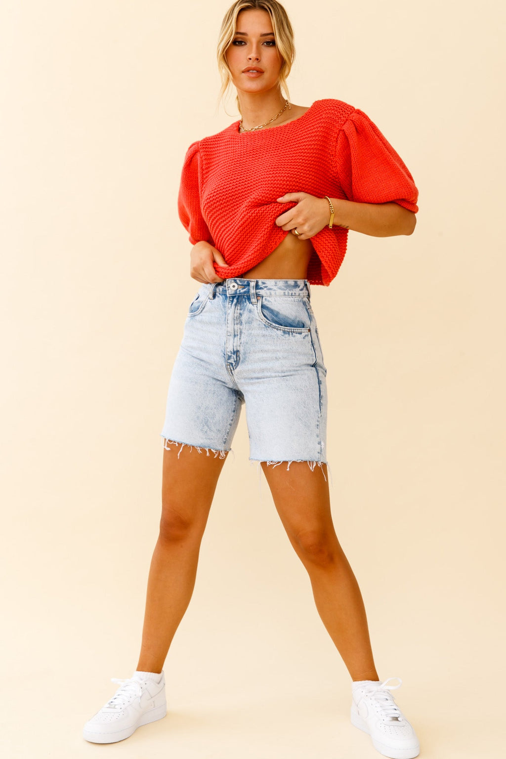 Marla Puff Sleeve Chunky Knit Top Watermelon by Selfie Leslie