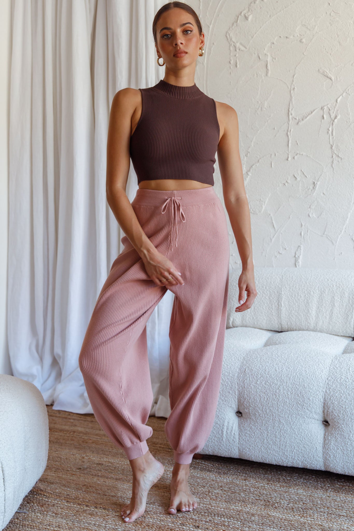 New Soul Drawstring Ribbed Knit Jogger Pants Blush by Selfie Leslie