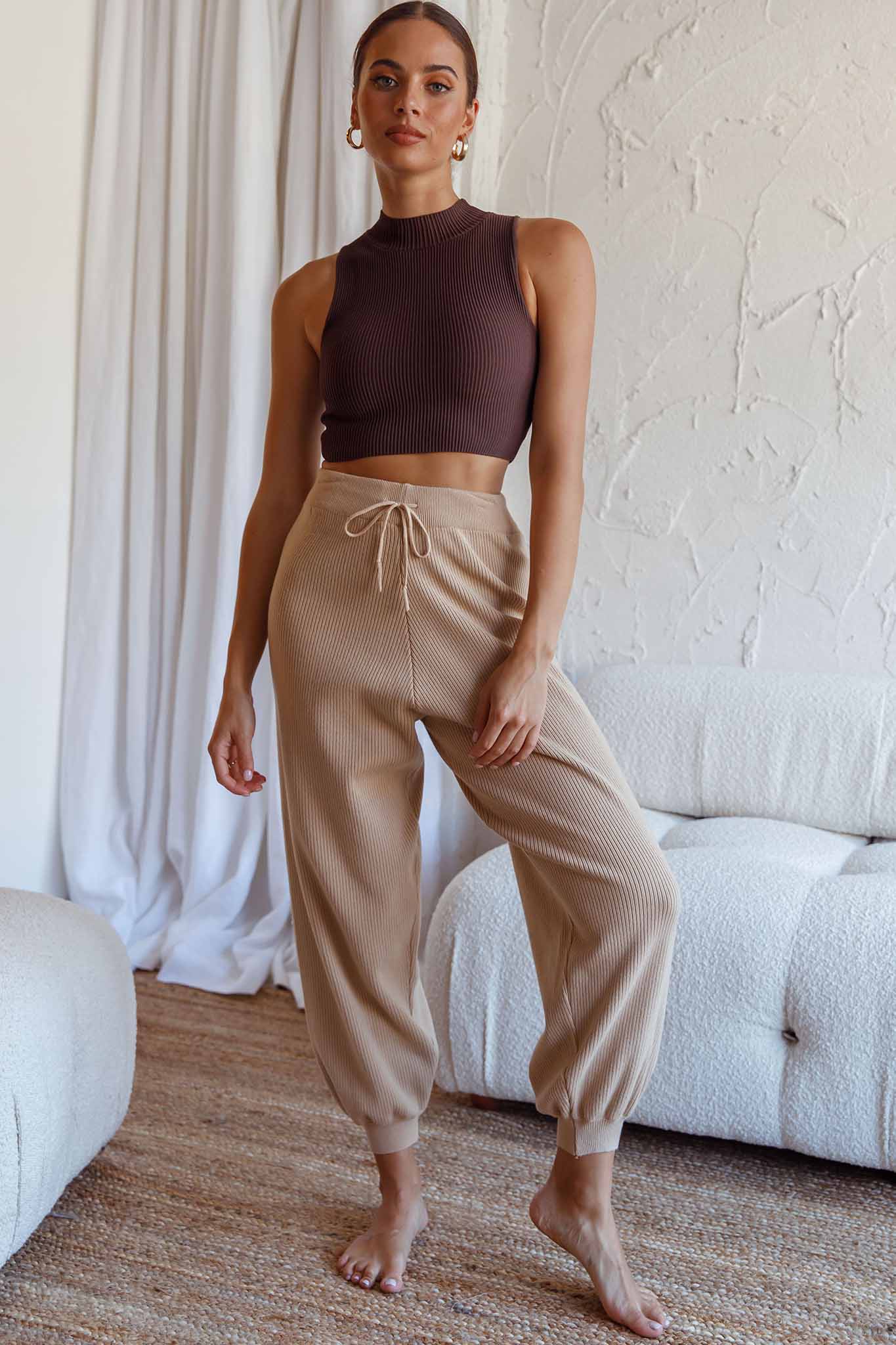 New Soul Drawstring Ribbed Knit Jogger Pants Camel by Selfie Leslie