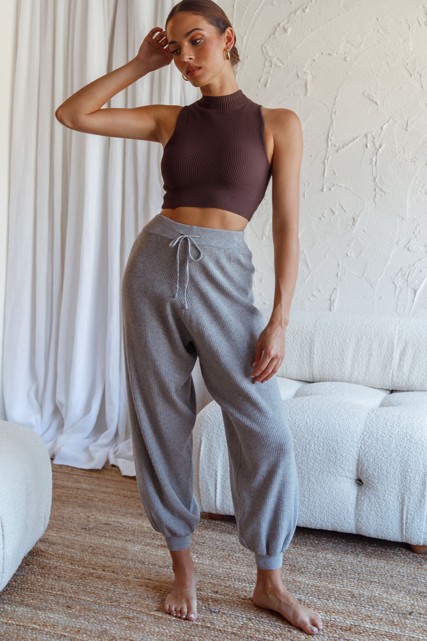 New Soul Drawstring Ribbed Knit Jogger Pants Grey Marle by Selfie Leslie