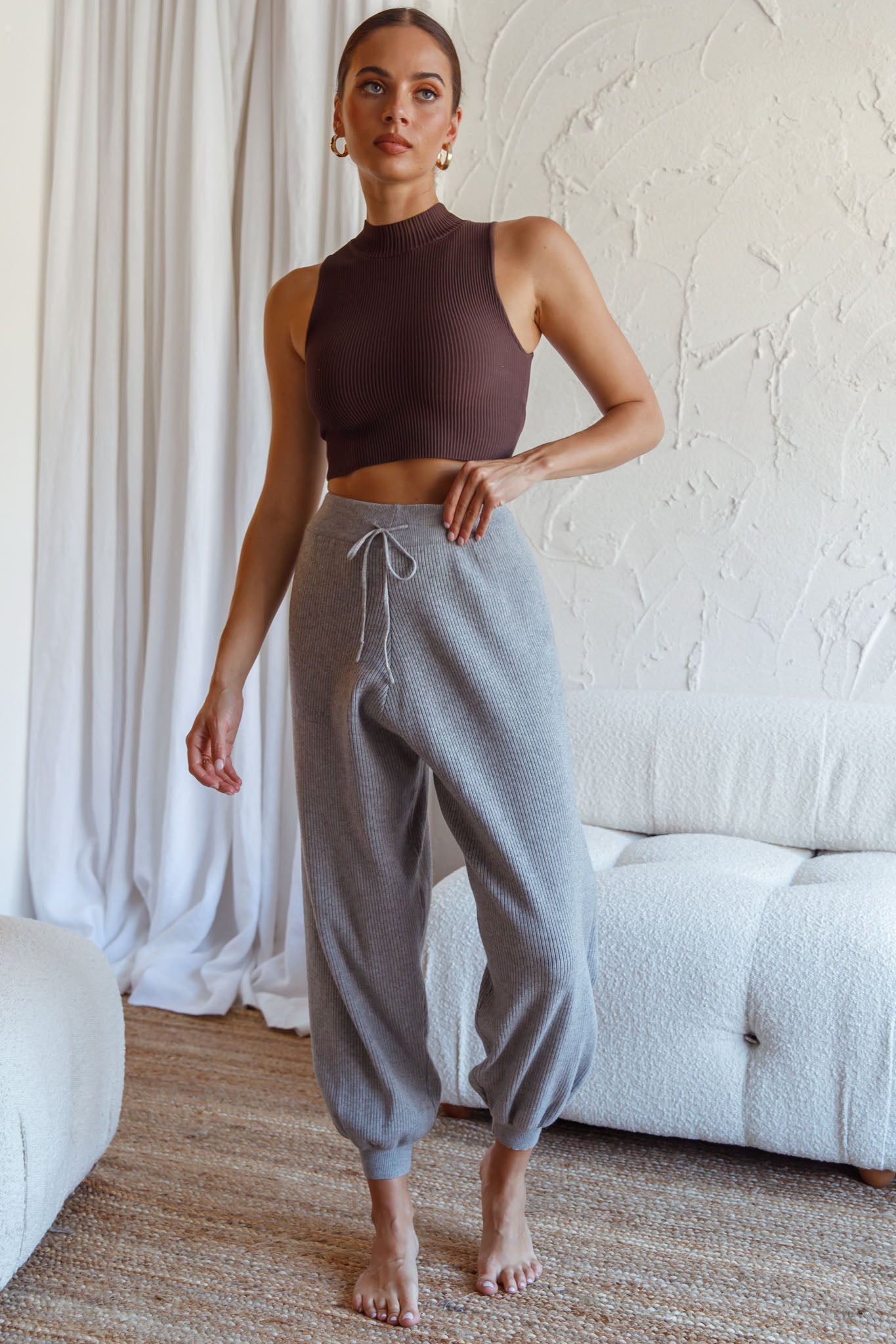 New Soul Drawstring Ribbed Knit Jogger Pants Grey Marle by Selfie Leslie