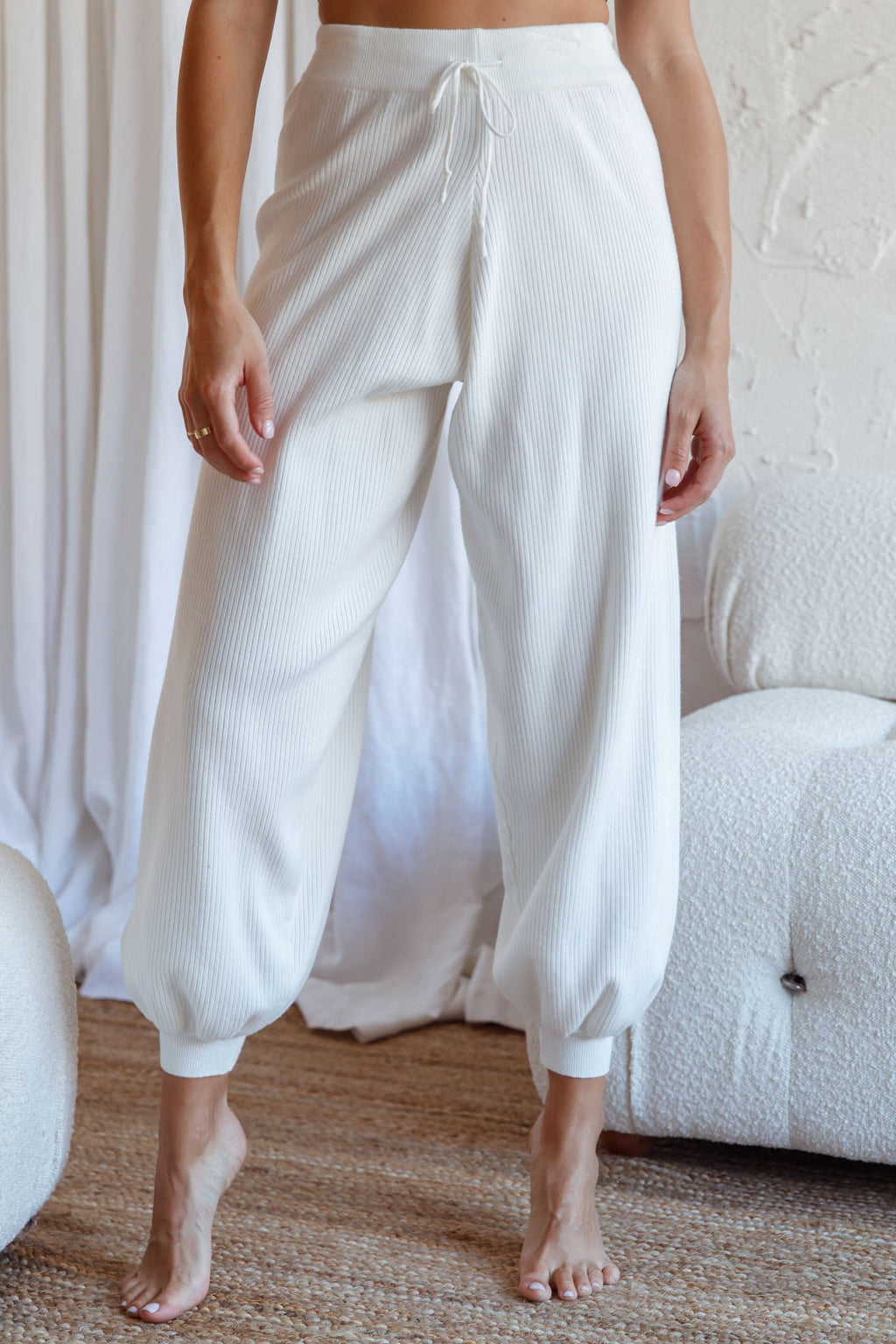 New Soul Drawstring Ribbed Knit Jogger Pants White by Selfie Leslie