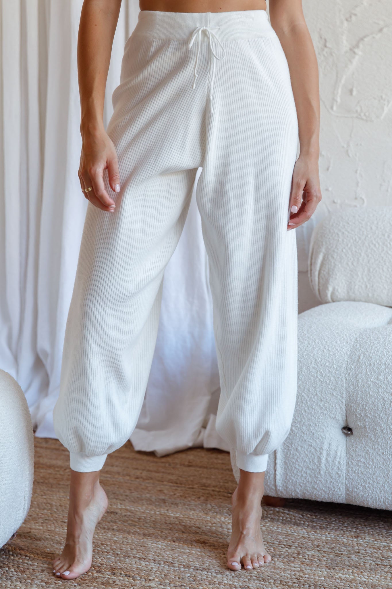 New Soul Drawstring Ribbed Knit Jogger Pants White by Selfie Leslie