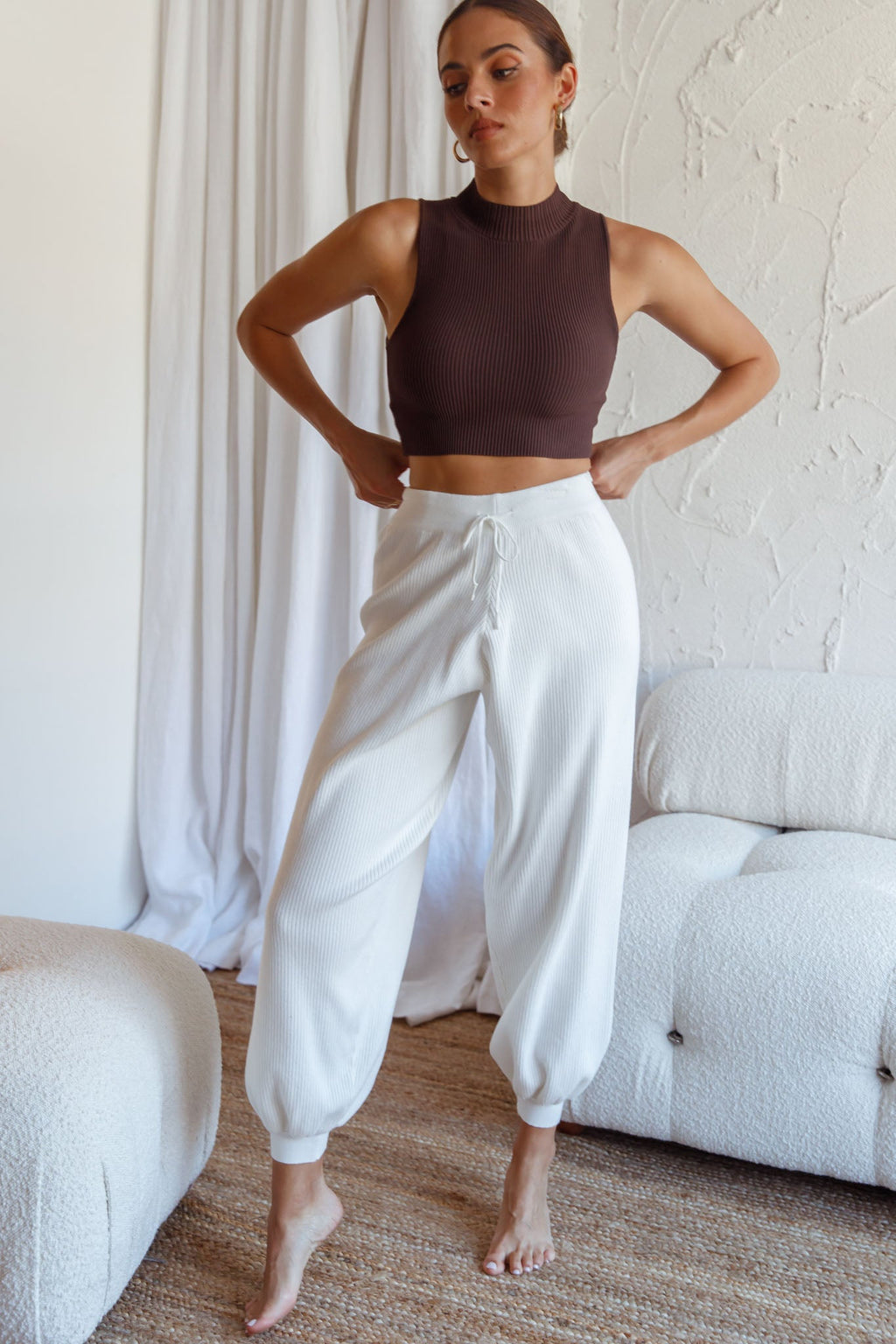 New Soul Drawstring Ribbed Knit Jogger Pants White by Selfie Leslie