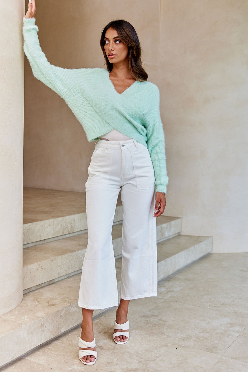 All My Love Long Sleeve Crossover Knit Sweater Soft Lime by Selfie Leslie