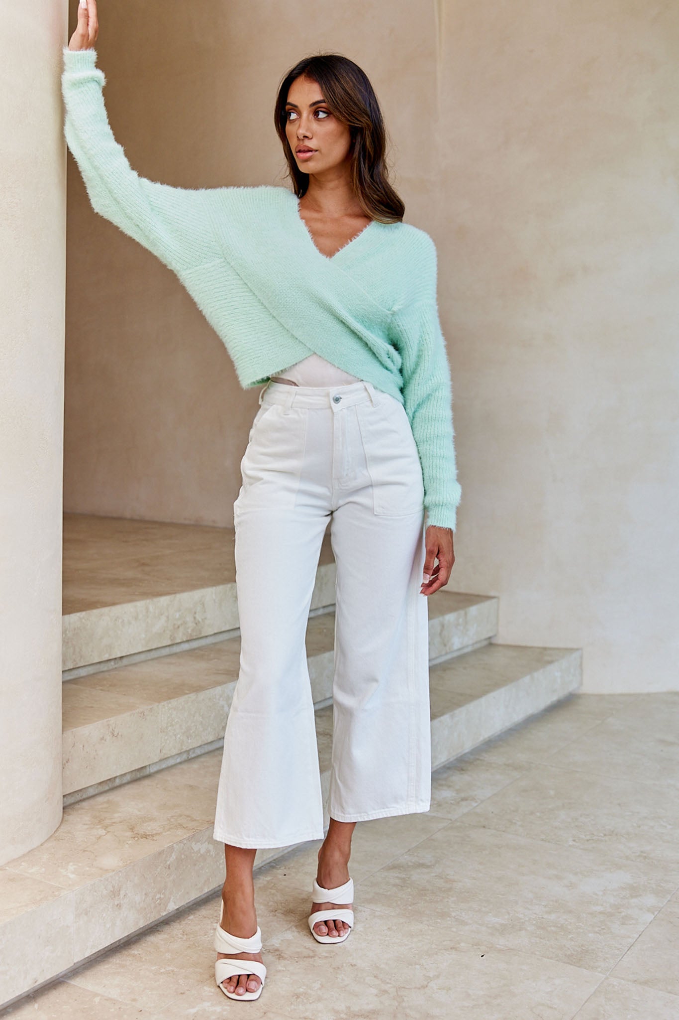 All My Love Long Sleeve Crossover Knit Sweater Soft Lime by Selfie Leslie