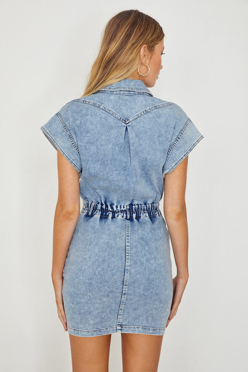 New Day Short Sleeve Button-Up Mini Dress Denim by Selfie Leslie Australia