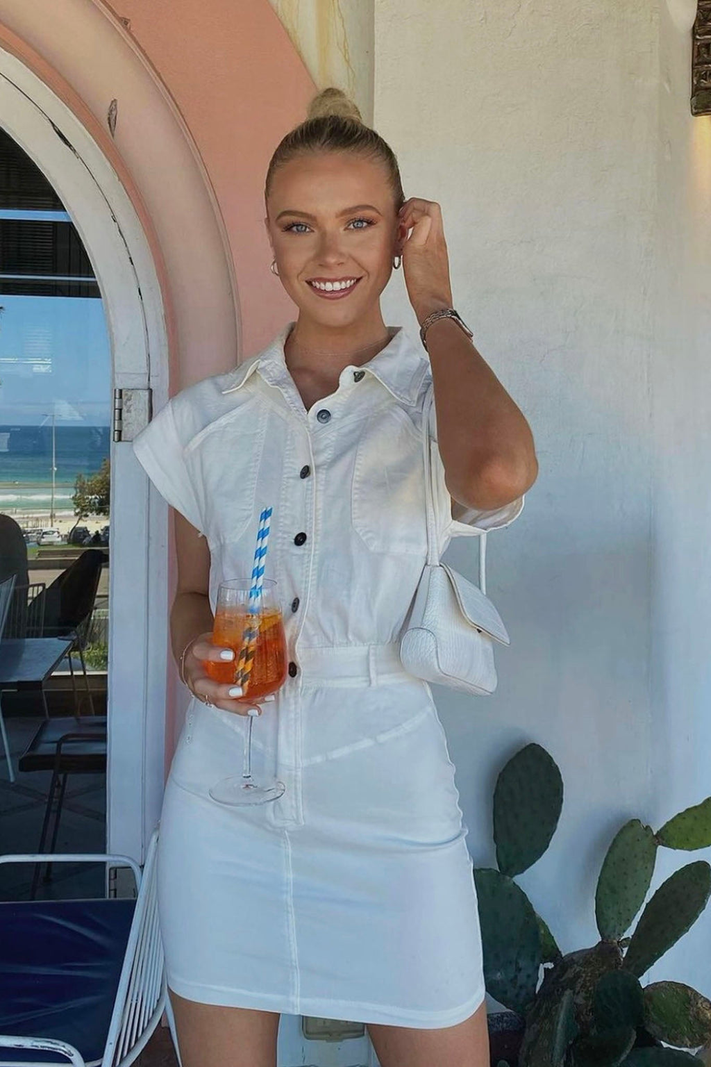 New Day Short Sleeve Button-Up Mini Dress White by Selfie Leslie