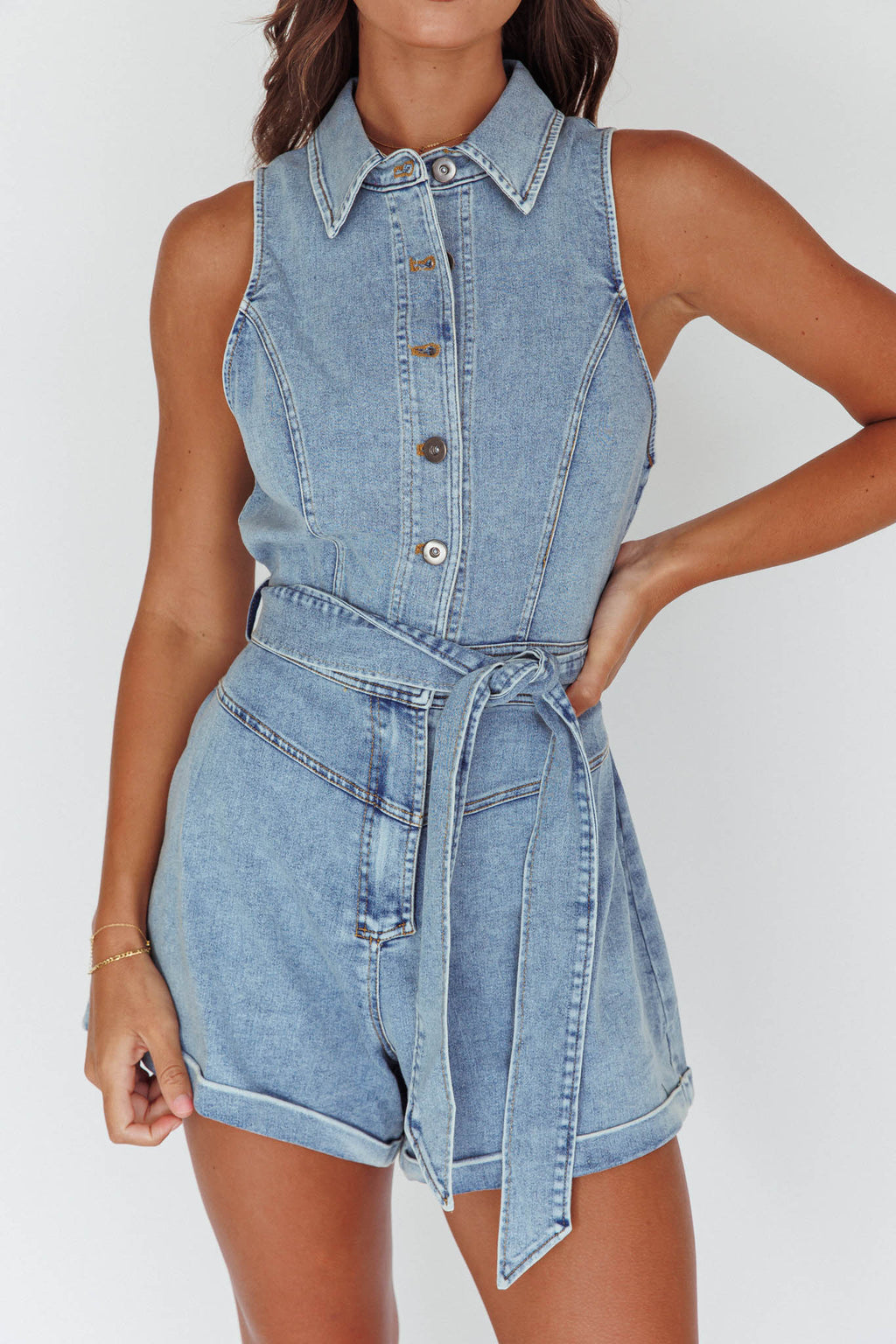 New Day Sleeveless Button-Up Romper Denim Blue by Selfie Leslie Australia