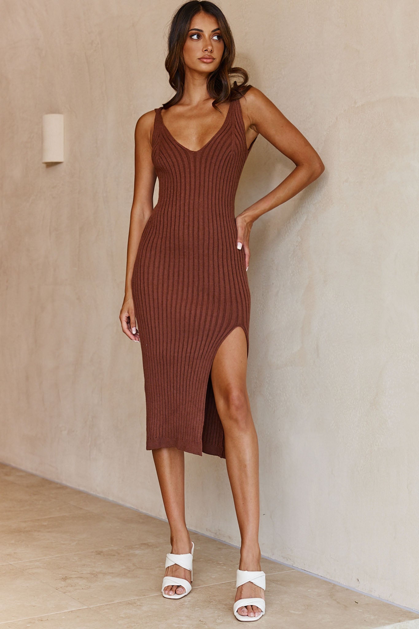 Mi Amore V-Neckline Front Split Ribbed Knit Midi Dress Chocolate by Selfie Leslie
