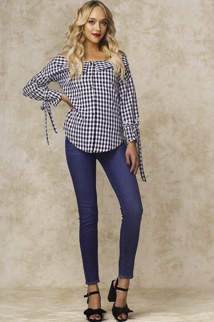 Clarke Off the Shoulder Checkered Dress Shirt Navy by Selfie Leslie