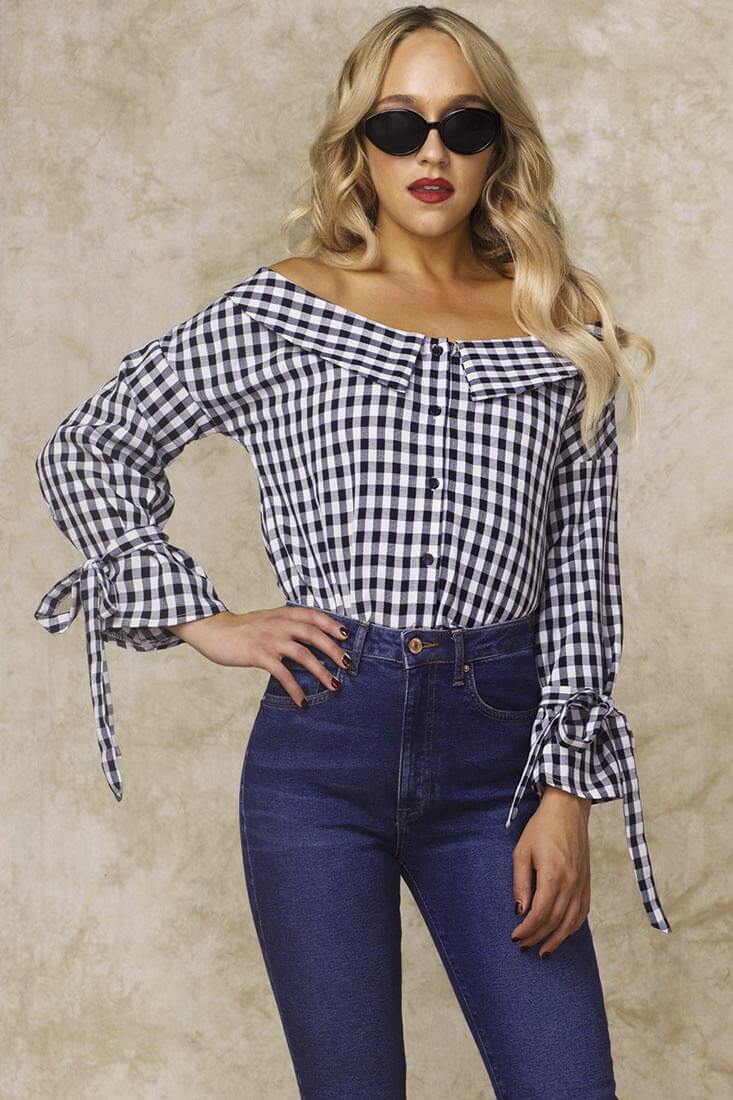 Clarke Off the Shoulder Checkered Dress Shirt Navy by Selfie Leslie