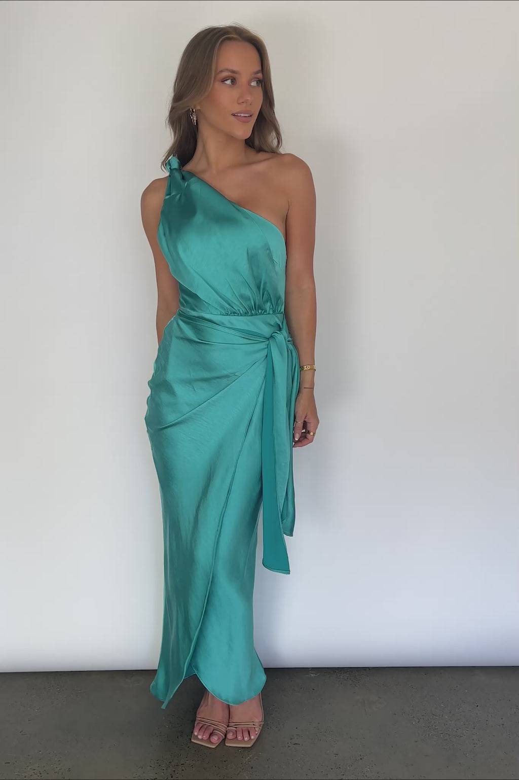 Island Time One-Shoulder Midi Dress Satin Aqua