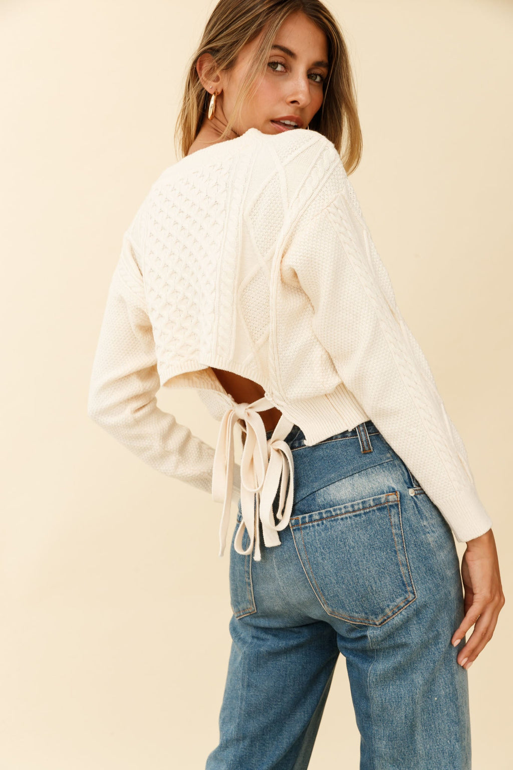 Dulce de Leche Long Sleeve Tie-Back Knit Sweater Beige by Selfie Leslie