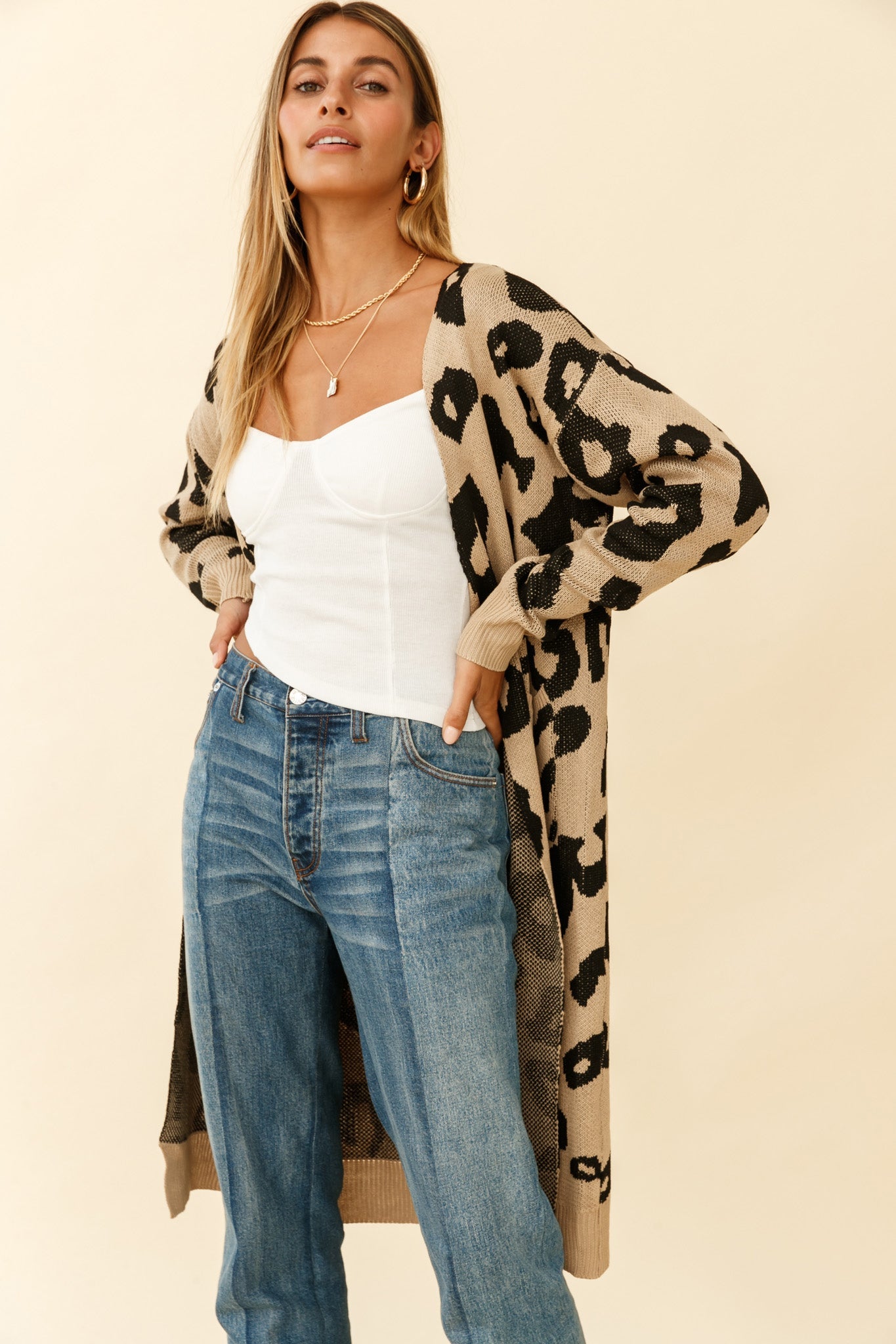 Switch It Up Longline Pocket Knit Cardigan Animal Print Beige by Selfie Leslie