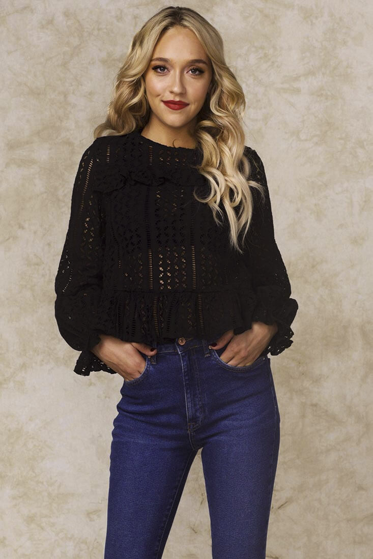 Gwendoline Mesh Long Sleeved Ruffled Shirt Black by Selfie Leslie