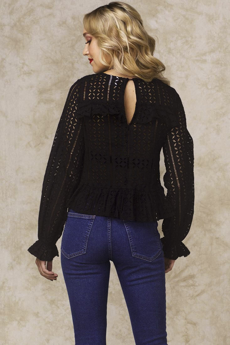 Gwendoline Mesh Long Sleeved Ruffled Shirt Black by Selfie Leslie