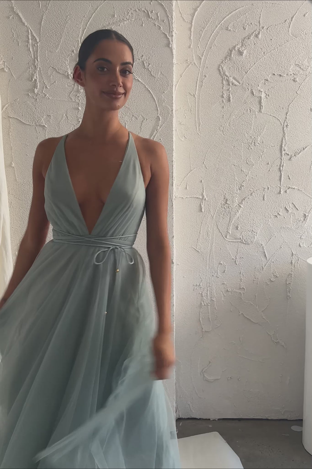 Floating By Plunging Neckline Mesh Overlay Midi Dress Sage