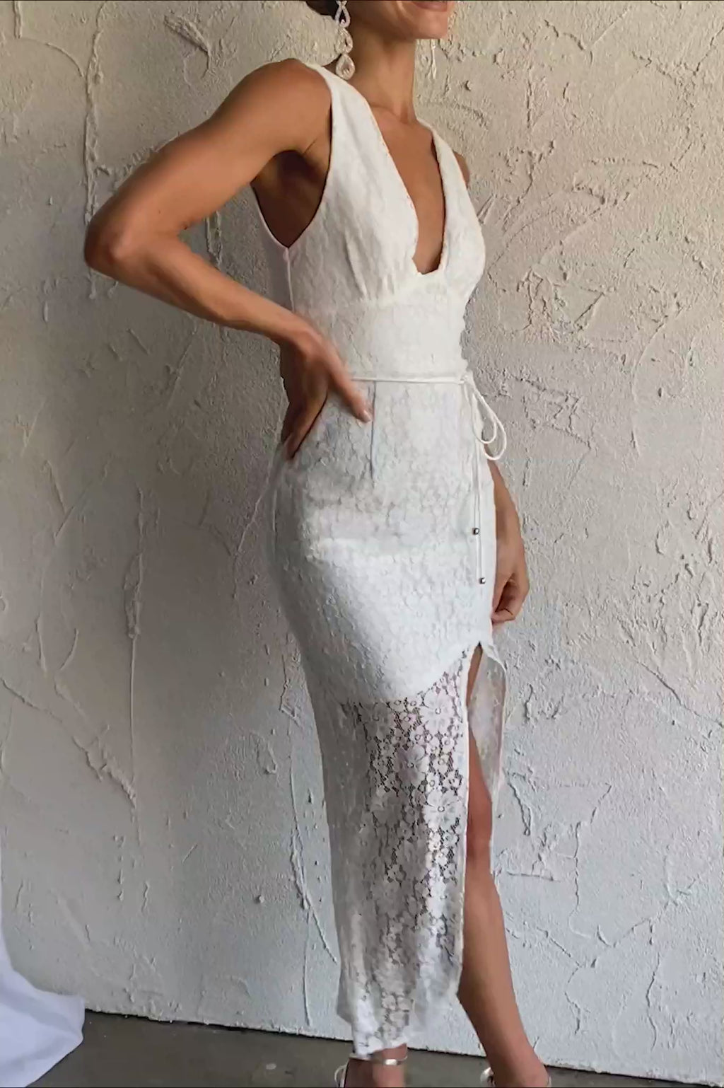 Piece Of Me Plunging Neckline Lace Dress White