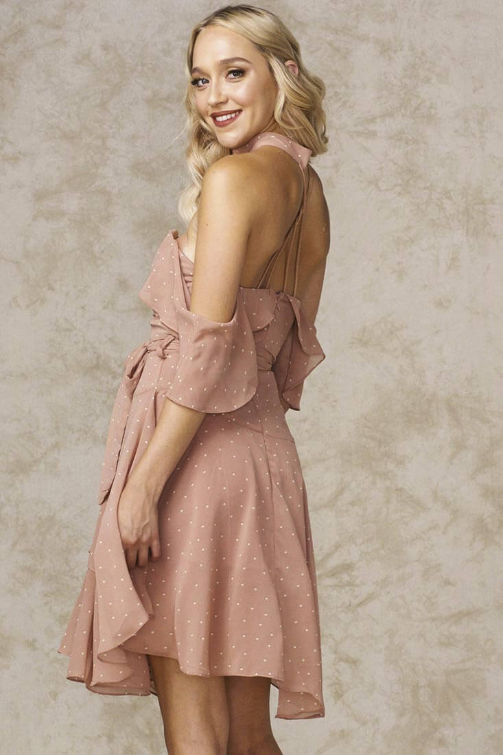 Whitney Deep V Polka Dot Dress Mocha by Selfie Leslie