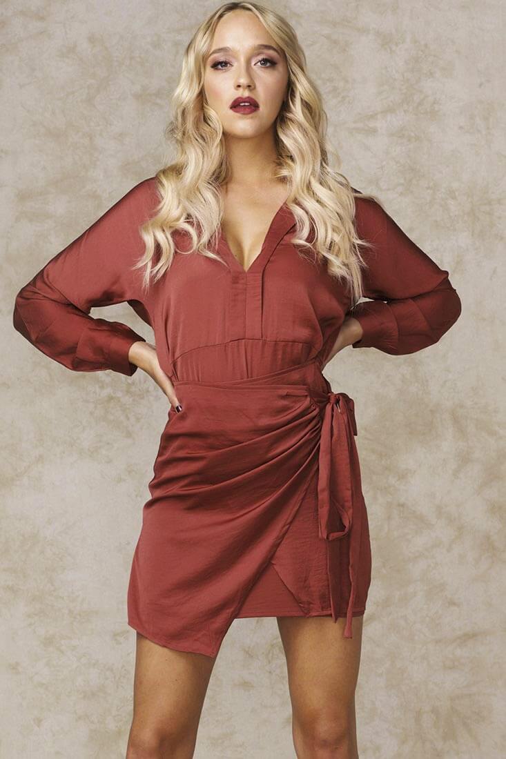 Raleigh Deep V Long Sleeve Wrap Dress Rust by Selfie Leslie
